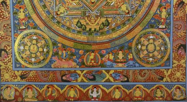 Tibetan Thangka Of Five Mandalas, [24k Real Gold]