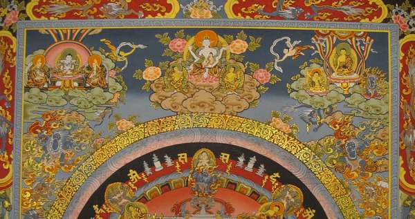 Tibetan Thangka Of Manjushri Mandala, [24k Real Gold]