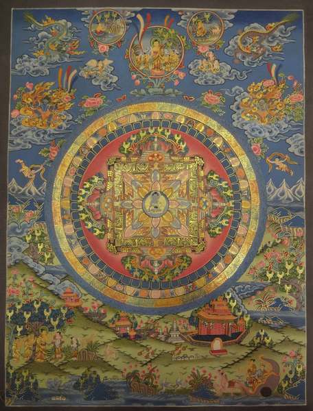 Tibetan Thangka Of Buddha Mandala, [24k Real Gold]