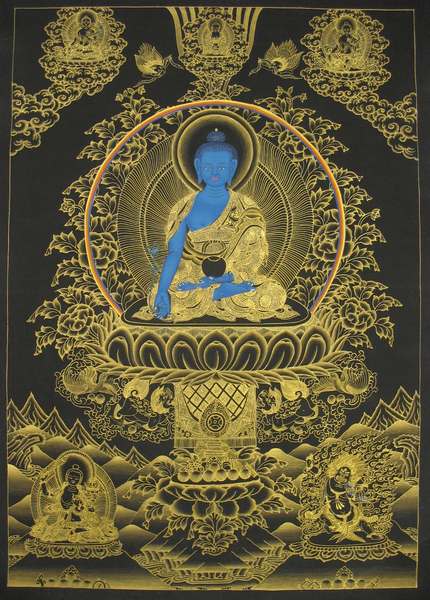 Tibetan Thangka Of Medicine Buddha, [24k Real Gold]