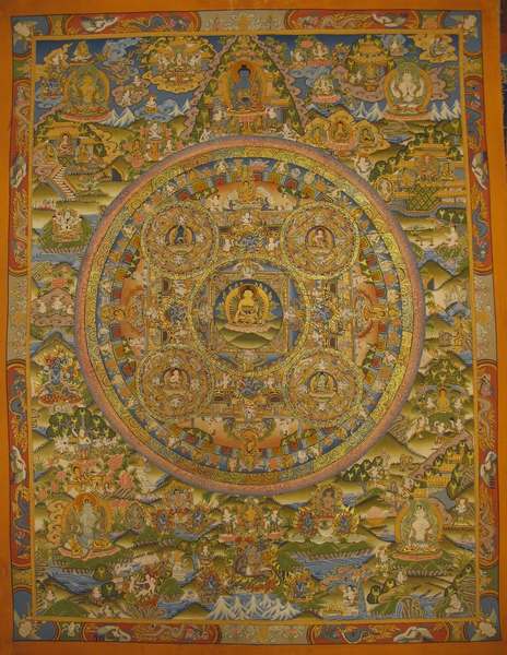 Tibetan Thangka Of Buddha Mandala, [24k Real Gold]