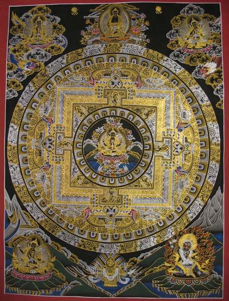 Tibetan Thangka Of Chengrezing Mandala, [24k Real Gold]