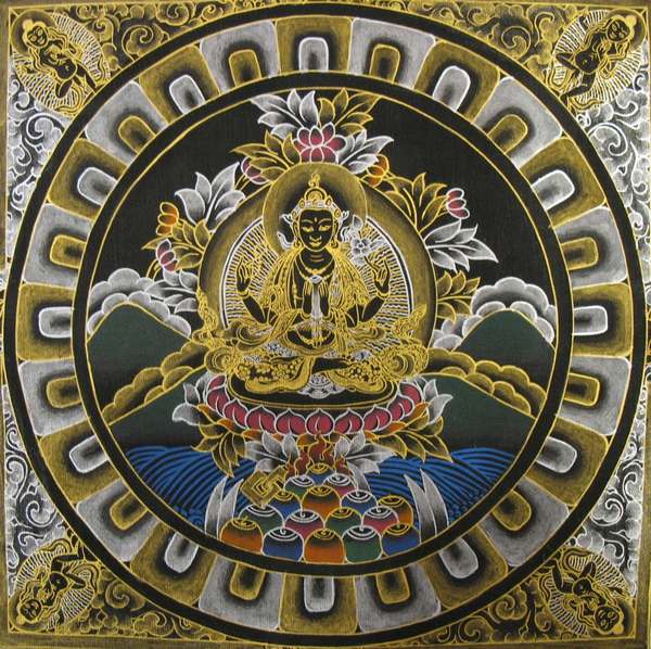 Tibetan Thangka Of Chengrezing Mandala, [24k Real Gold]