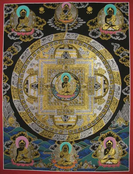 Tibetan Thangka Of Black Buddha Mandala, [24k Real Gold]