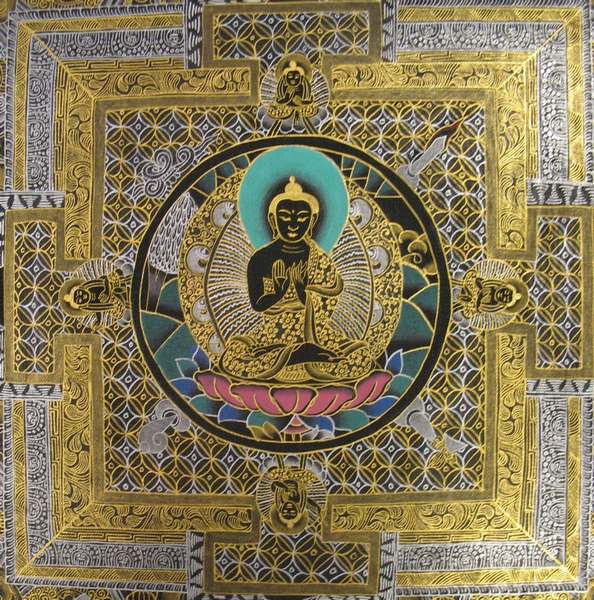 Tibetan Thangka Of Black Buddha Mandala, [24k Real Gold]