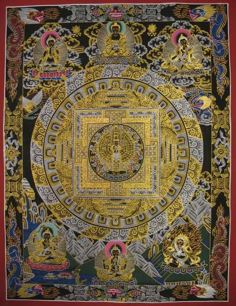 Tibetan Thangka Of Black Lokeshvara Mandala, [24k Real Gold]