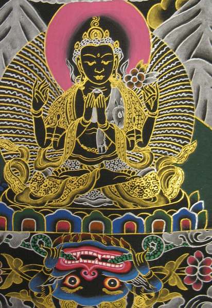 Tibetan Thangka Of Black Lokeshvara Mandala, [24k Real Gold]