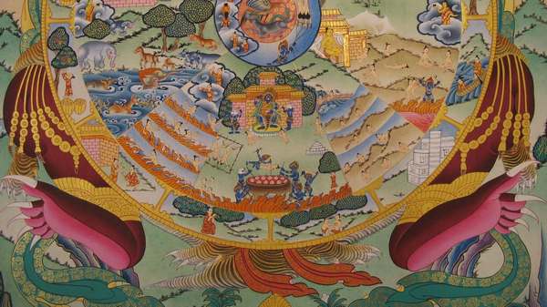 Tibetan Thangka Of Wheel Of Life, [24k Real Gold]