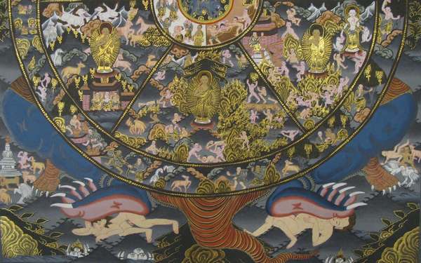 Tibetan Thangka Of Dark Wheel Of Life, [24k Real Gold]