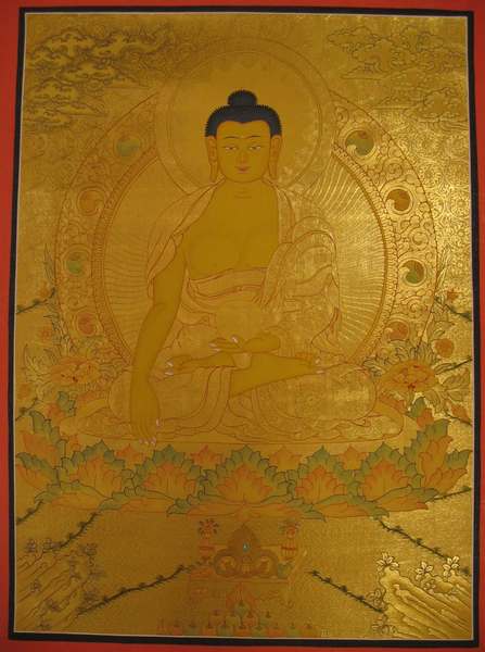 Tibetan Thangka Of Shakyamuni Golden, [24k Real Gold]