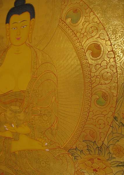 Tibetan Thangka Of Shakyamuni Golden, [24k Real Gold]