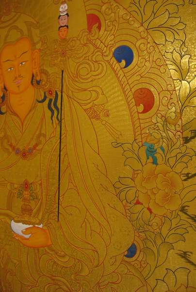 Tibetan Thangka Of Guru Rinpoche With Body Colored, [24k Real Gold]