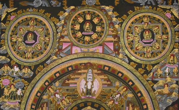 Tibetan Thangka Of Five Mandalas, [24k Real Gold]