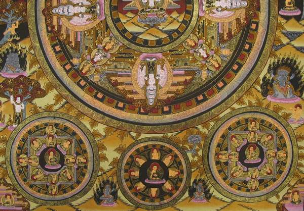 Tibetan Thangka Of Five Mandalas, [24k Real Gold]