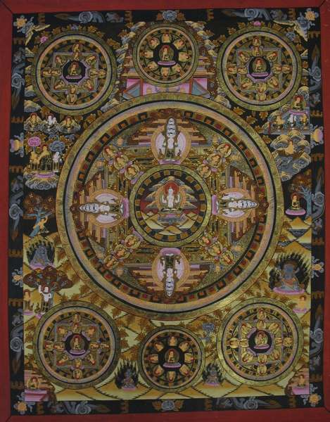 Tibetan Thangka Of Five Mandalas, [24k Real Gold]