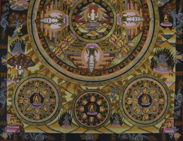 Tibetan Thangka Of Five Mandalas, [24k Real Gold]