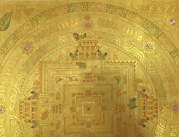 Tibetan Thangka Of Medium Golden Kalachakra, [24k Real Gold]