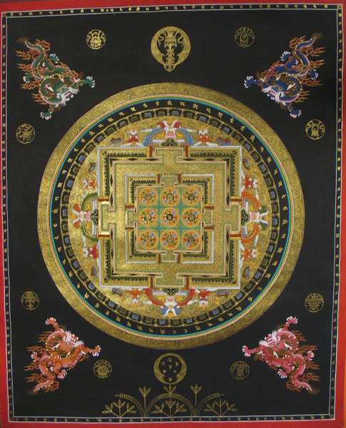 [hq] Tibetan Thangka Of Big Dark Round Mandala, [24k Real Gold]