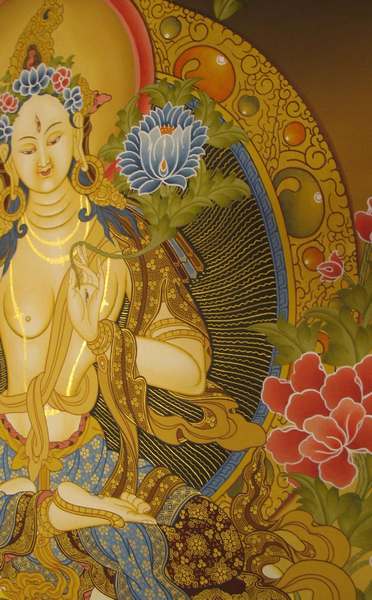 Tibetan Thangka Of White Tara, [24k Real Gold]