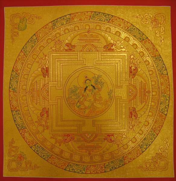 Tibetan Thangka Of Green Tara Mandala, [24k Real Gold]