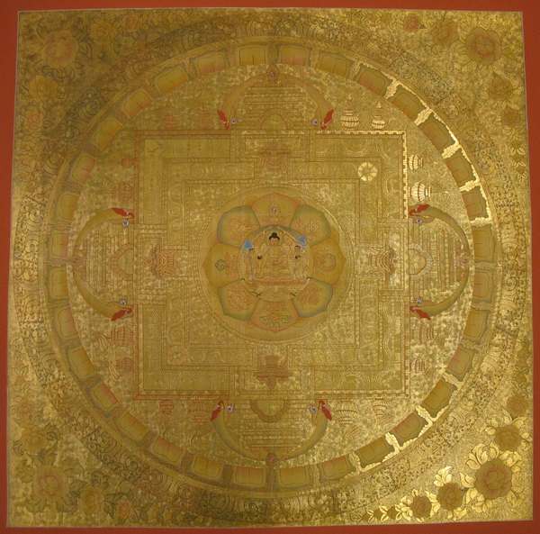 Tibetan Thangka Of Golden Shakyamuni Mandala, [24k Real Gold]