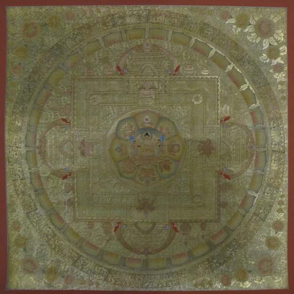 Tibetan Thangka Of Golden Shakyamuni Mandala, [24k Real Gold]