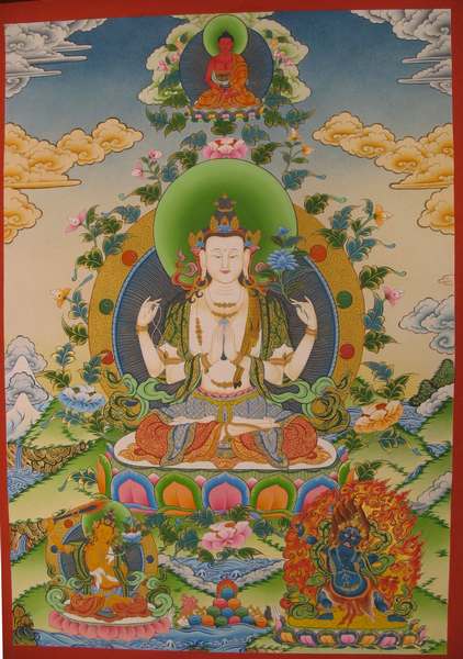 Tibetan Thangka Of Chengrezig, [24k Real Gold]