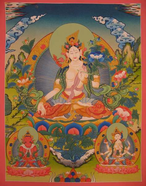 Tibetan Thangka Of White Tara, [24k Real Gold]