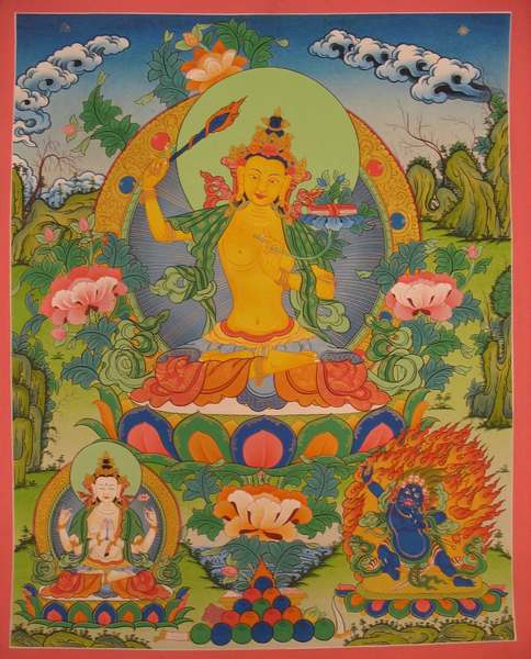 Tibetan Thangka Of Manjushri, [24k Real Gold]