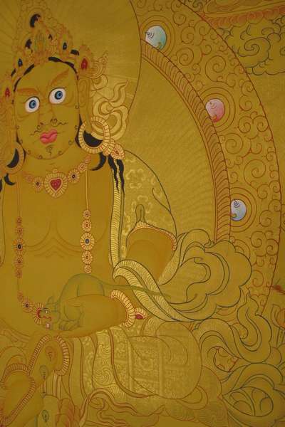 Tibetan Thangka Of Dzambhala, [24k Real Gold]