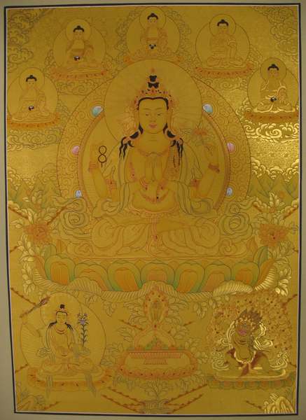 Tibetan Thangka Of Chengrezig, [24k Real Gold]