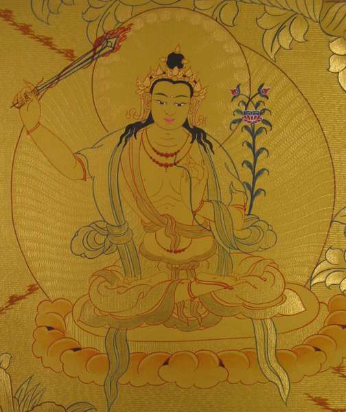 Tibetan Thangka Of Chengrezig, [24k Real Gold]