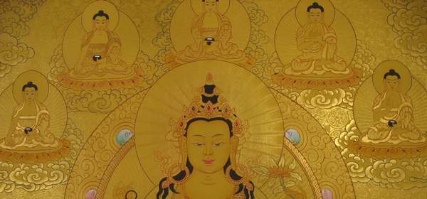 Tibetan Thangka Of Chengrezig, [24k Real Gold]