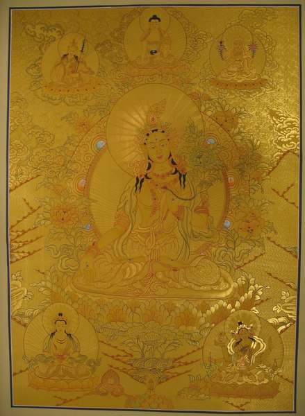 Tibetan Thangka Of White Tara, [24k Real Gold]