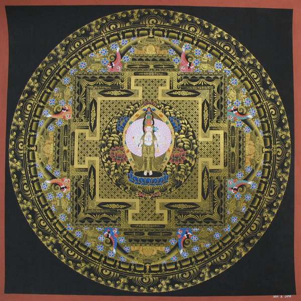 Tibetan Thangka Of Big Lokeshvara Mandala, [24k Real Gold]