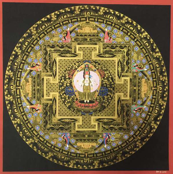 Tibetan Thangka Of Lokeshvara Mandala, [24k Real Gold]