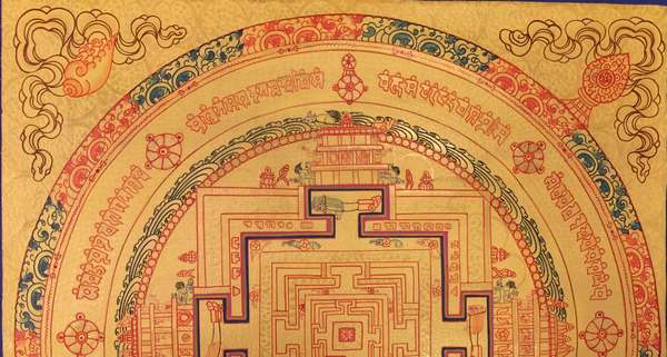 Tibetan Thangka Of Golden Kalachakra Mandala