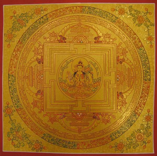 Tibetan Thangka Of Chengrezig Mandala, [24k Real Gold]