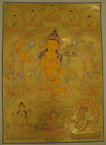 Tibetan Thangka Of Manjushri, [24k Real Gold]