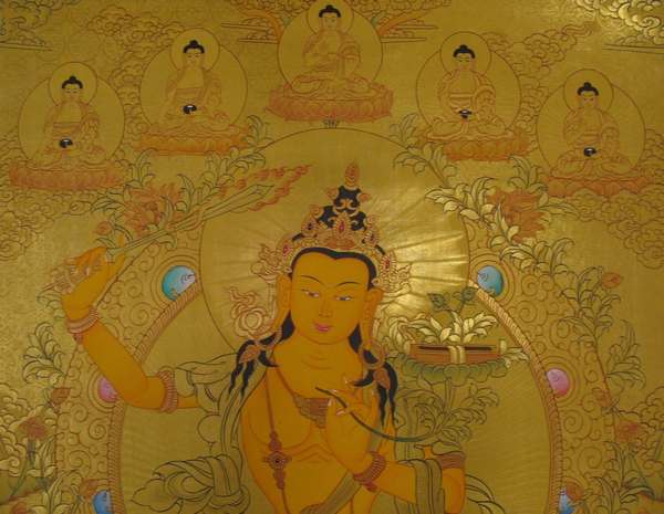 Tibetan Thangka Of Manjushri, [24k Real Gold]