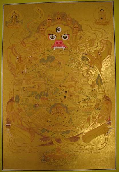 Tibetan Thangka Of Wheel Of Life, [24k Real Gold]