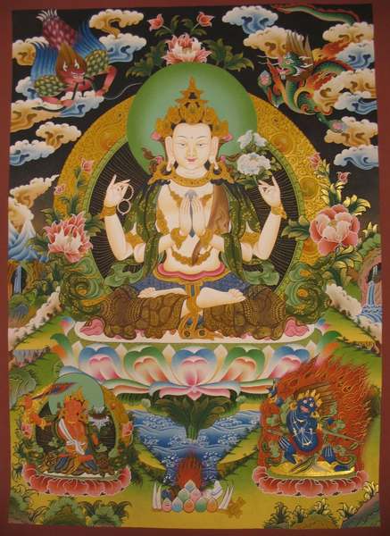 Tibetan Thangka Of Chengrezig, [24k Real Gold]