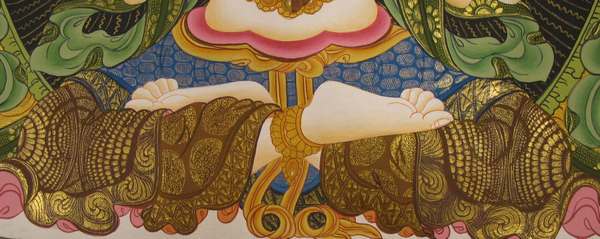 Tibetan Thangka Of Chengrezig, [24k Real Gold]