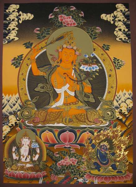 Tibetan Thangka Of Manjushri, [24k Real Gold]