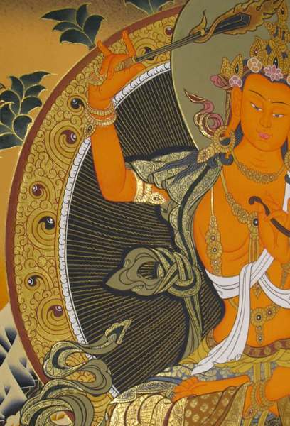 Tibetan Thangka Of Manjushri, [24k Real Gold]