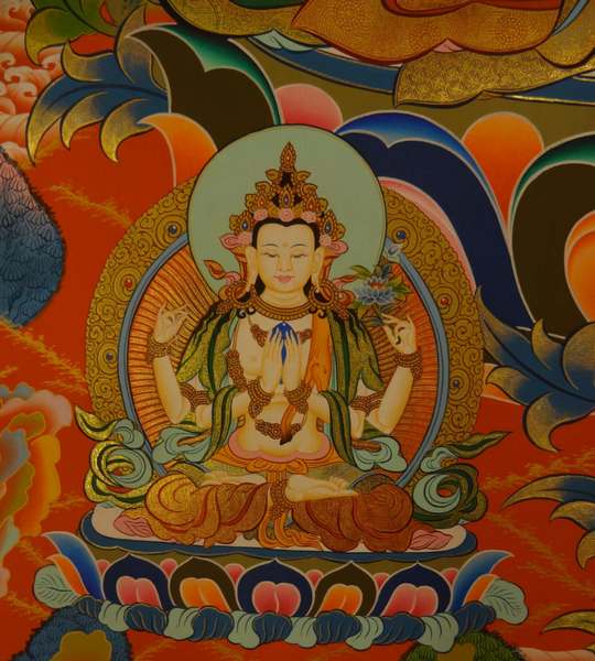 [hq] Tibetan Thangka Of Manjushri With 5 Dhyani Buddhas, And Chenrezig And Vajrapni, [24k Real Gold]
