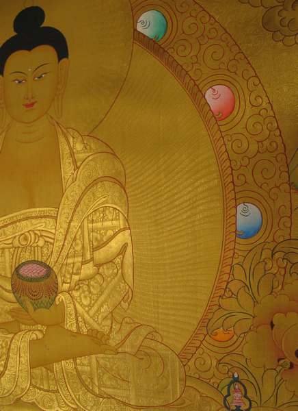 Tibetan Thangka Of Big Shakyamuni, [24k Real Gold]