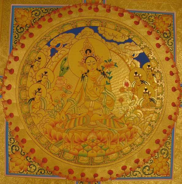 [hq] Tibetan Thangka Of Fine Quality Golden [white Tara] Mandala With Dragon Border, [24k Real Gold]