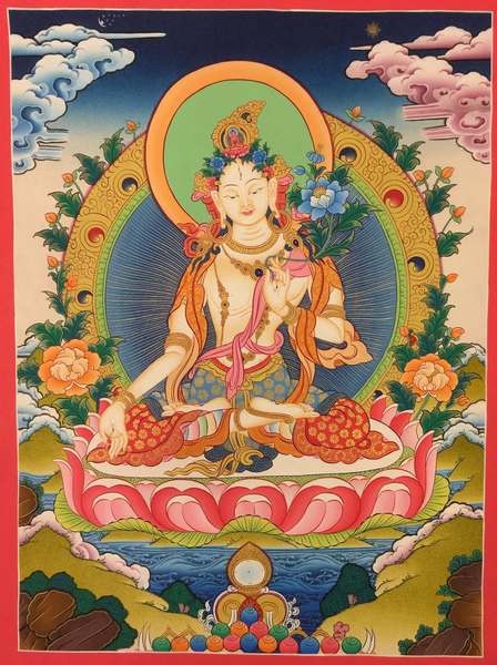 Tibetan Thangka Of White Tara, [24k Real Gold]