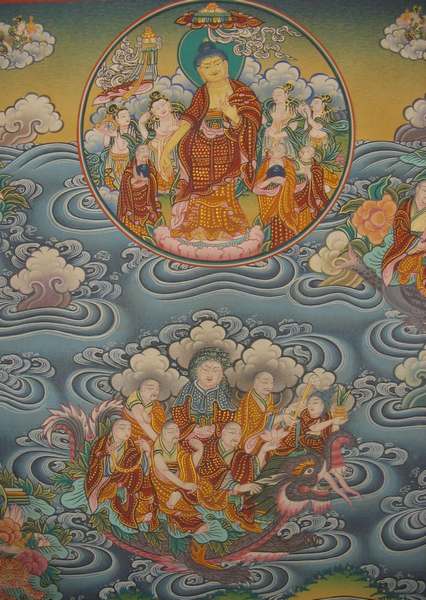 Tibetan Thangka Of Buddha With 16 Arhats Vertical, [24k Real Gold]